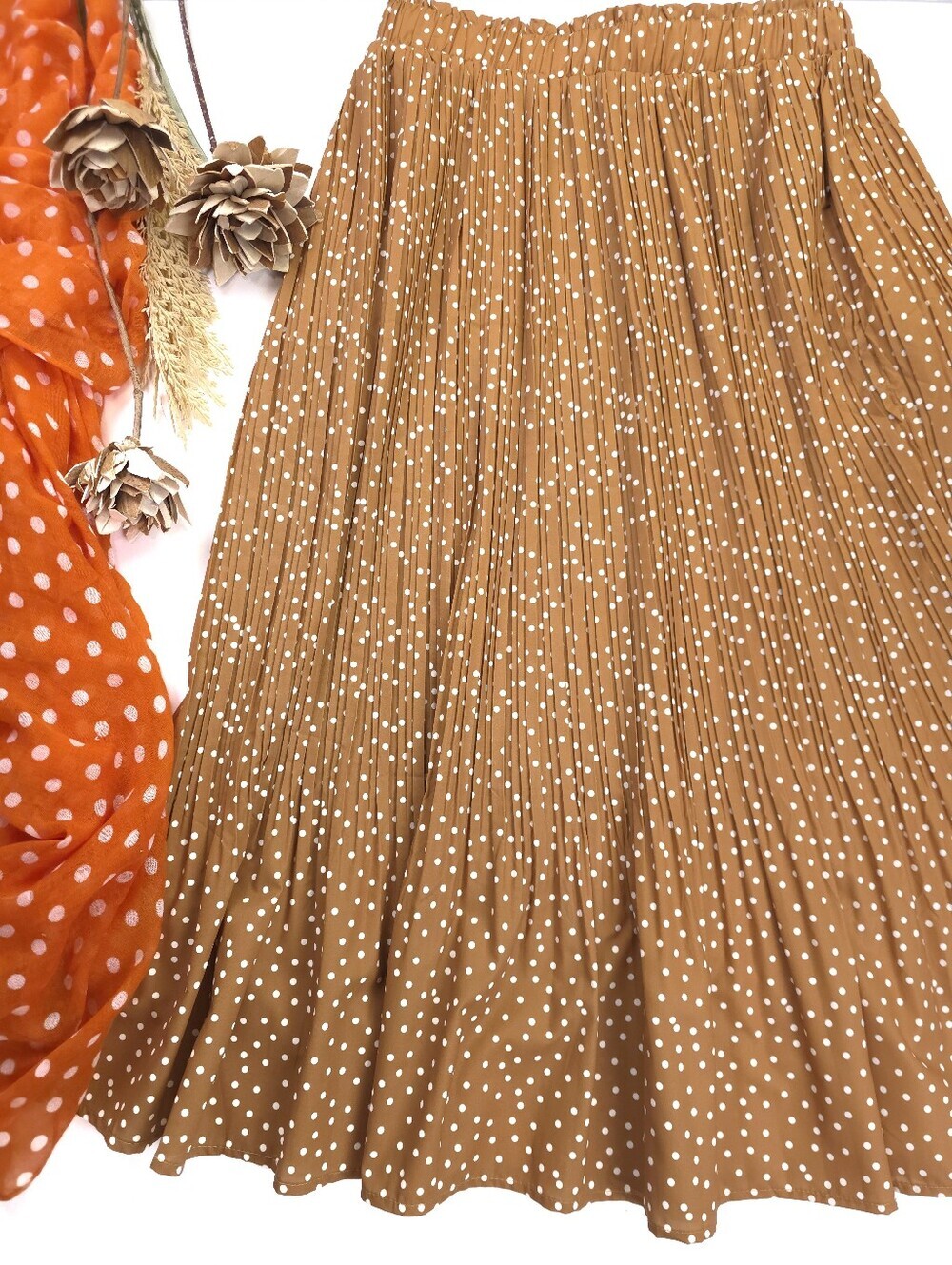 Pleated Polka Dot Midi Skirt - Brown Sz M